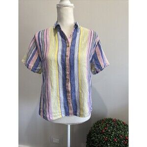 C&C California 100% Linen Multicolor Striped Button Down Top Womens S
